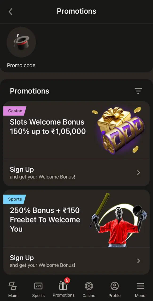 Promotions and bonuses from Parimatch.