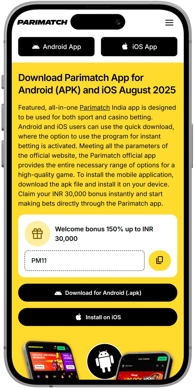 Visit the official website to install the IOS app in Parimatch for India.