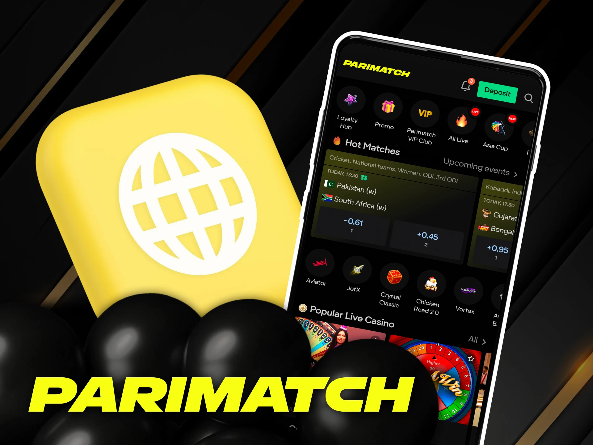 Mobile version of the Parimatch application for India.