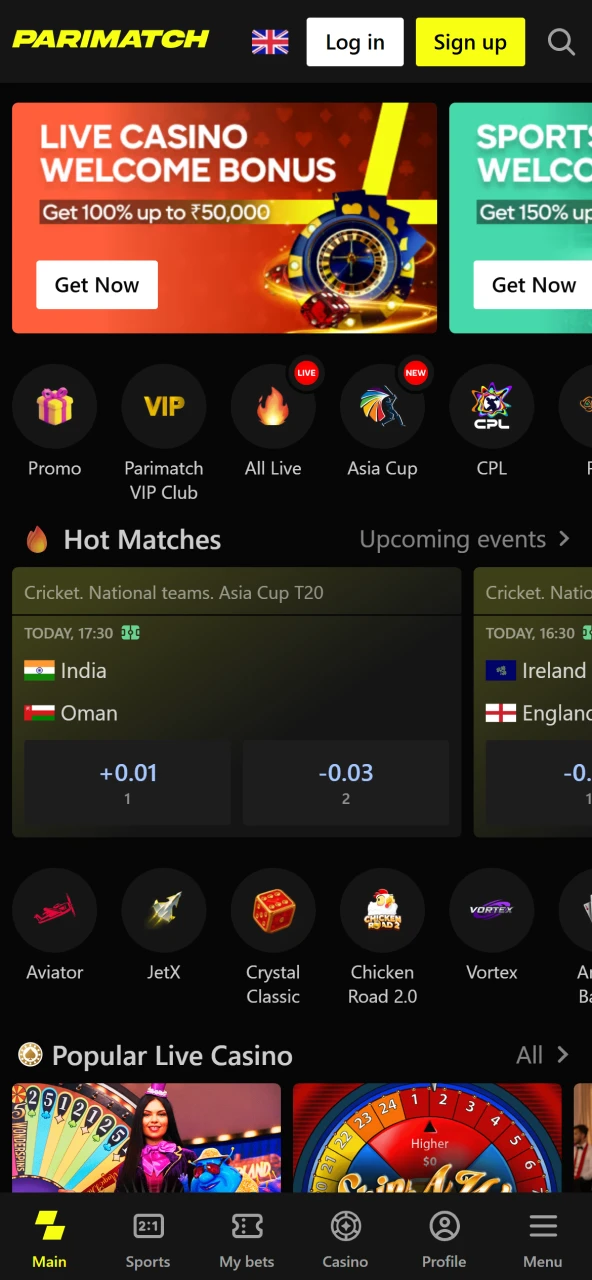 Home page in the Parimatch app.