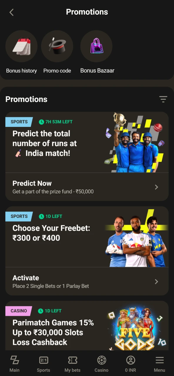Promotions and bonuses from Parimatch.