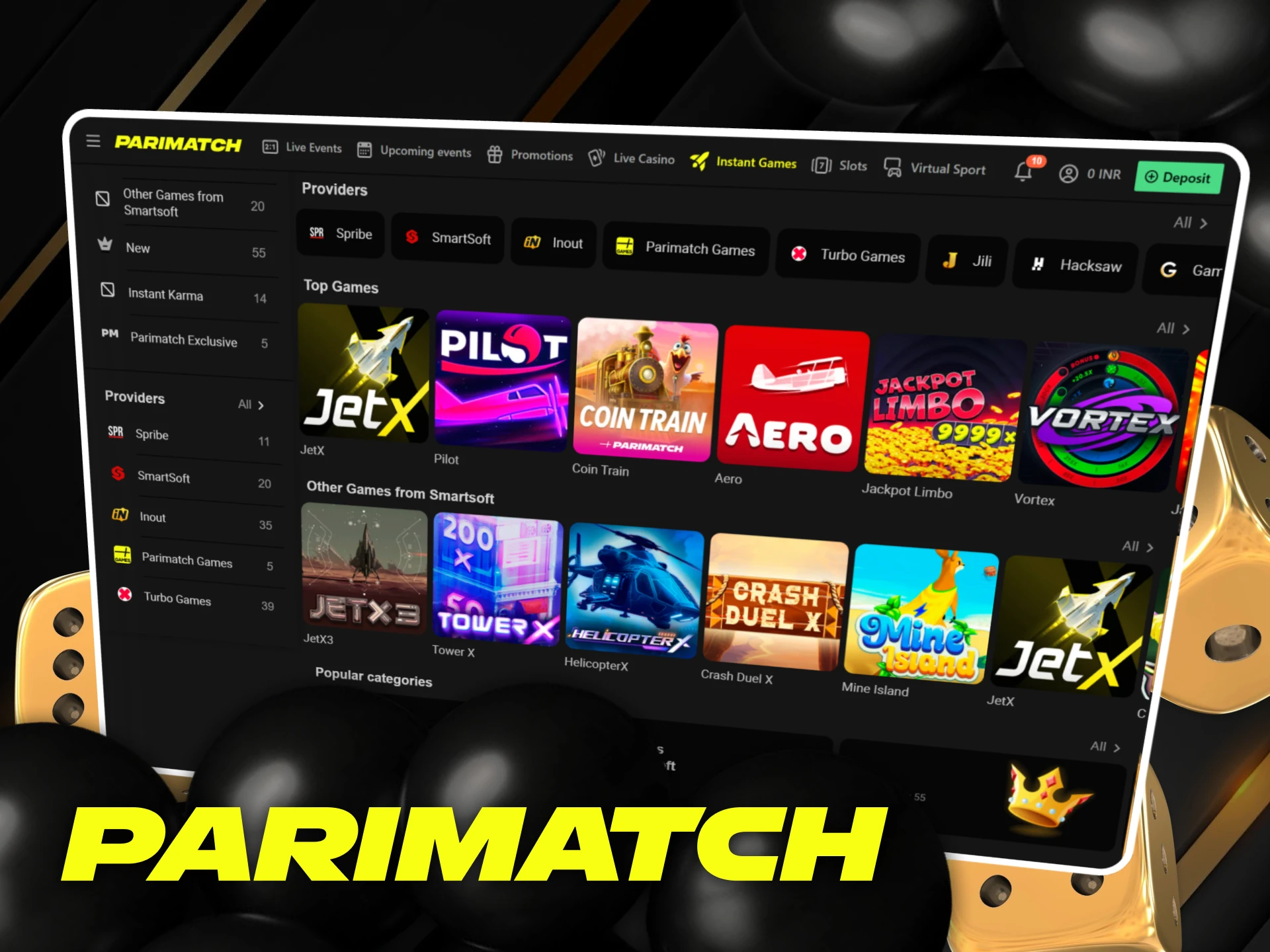Play instant games like Aviator, Lucky Jet and Plinko at Parimatch Casino India.