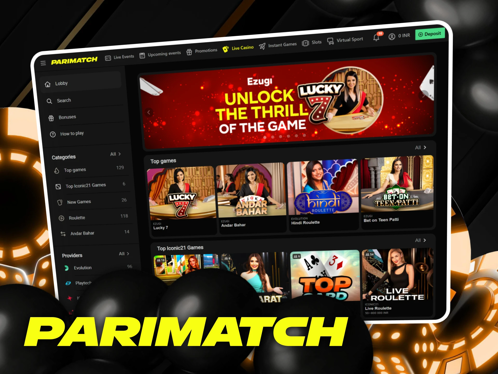 Play live dealer games like roulette, blackjack and baccarat at Parimatch Casino India.