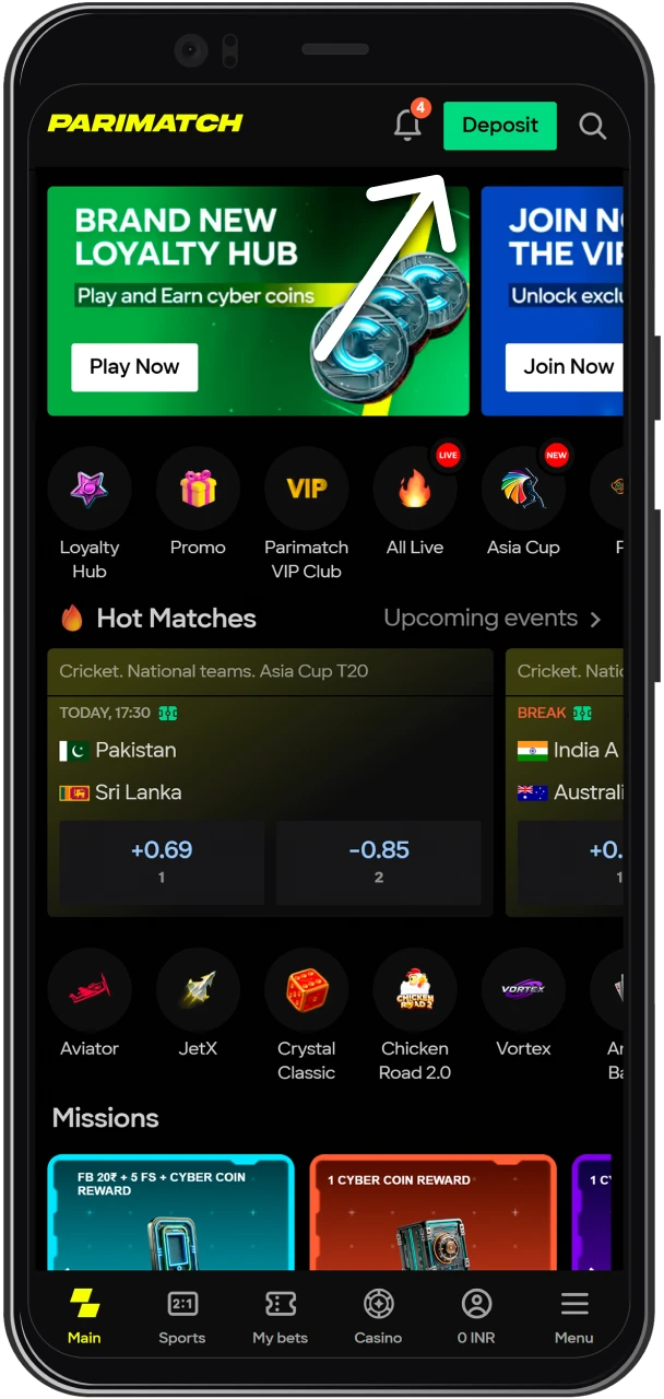 Click the deposit button on the Parimatch India website.