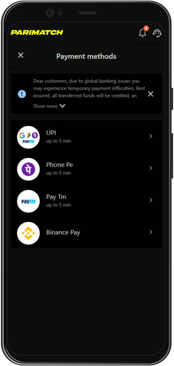 Select a method to deposit Parimatch in India.