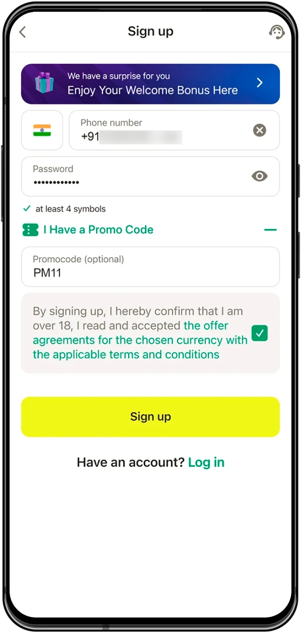 Enter your promo code during registration on the Parimatch website.