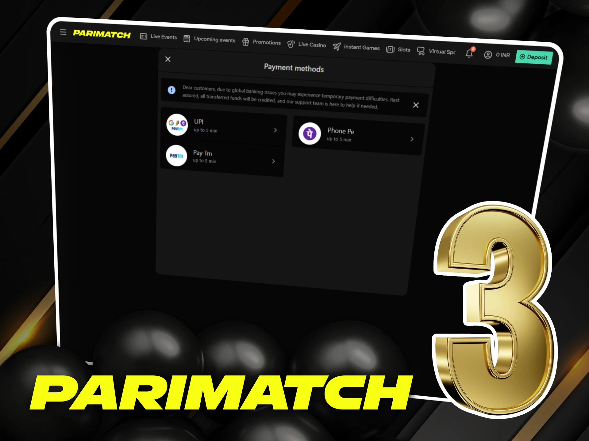 Make a deposit to receive a Parimatch bonus in India.