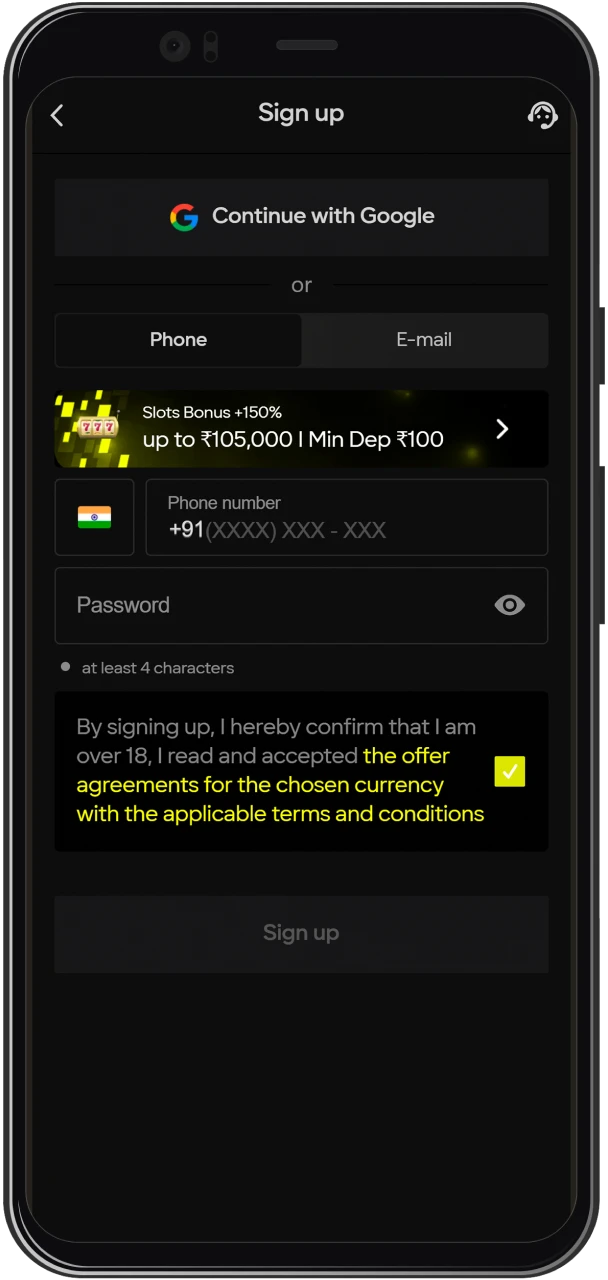 Enter your details to register Parimatch in India.