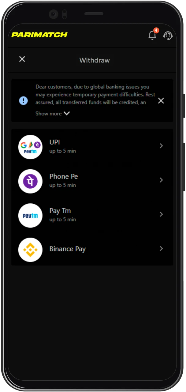 Select a withdrawal method for Parimatch in India.