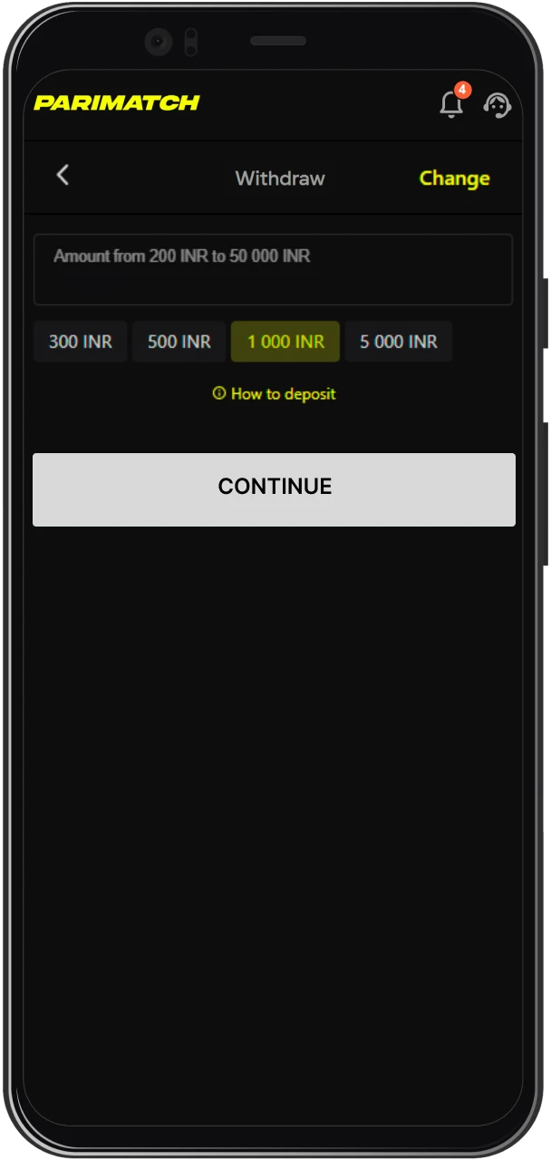 Enter the withdrawal amount of Parimatch in India.