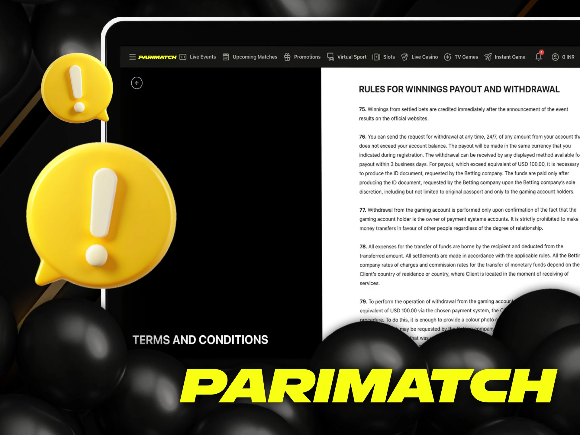 Rules for withdrawing winnings from Parimatch in India.