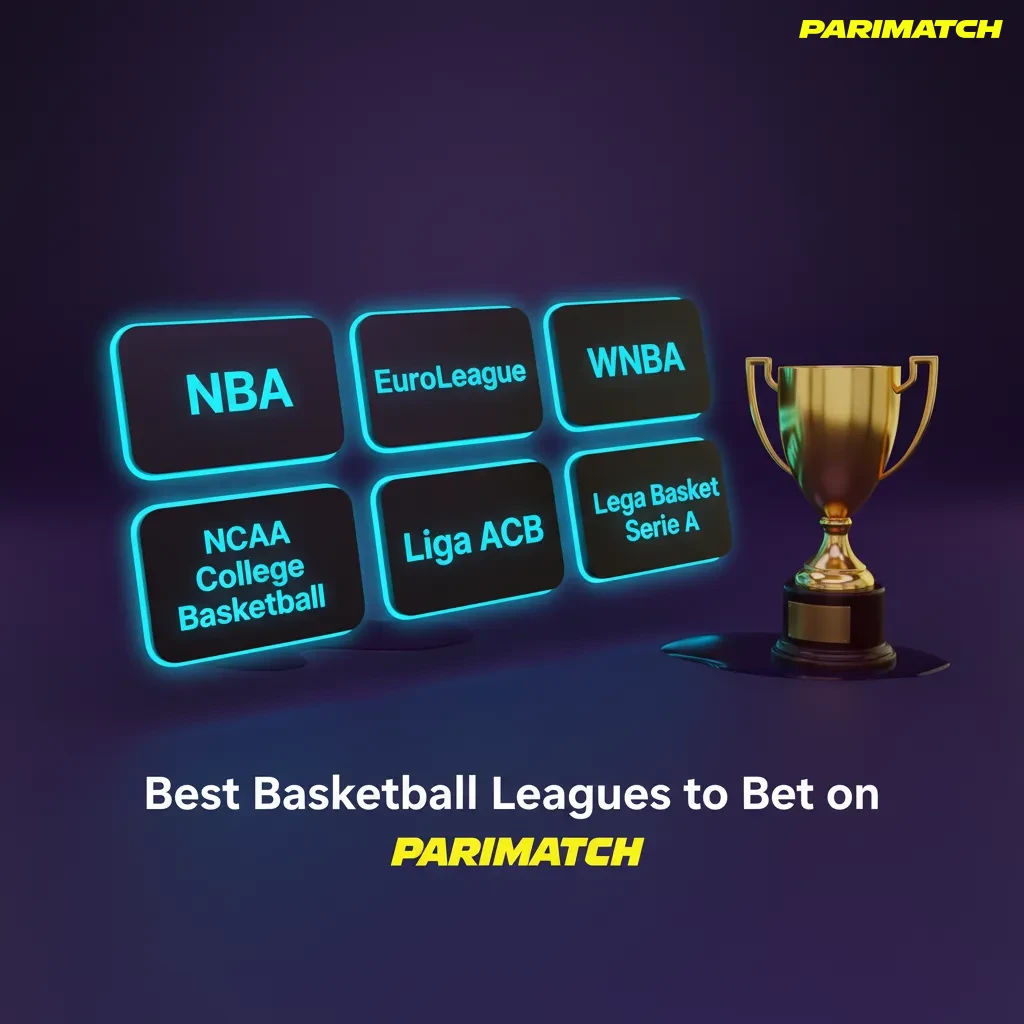 Parimatch list of basketball leagues: NBA, EuroLeague, EuroCup, FIBA, WNBA, ACB, NBL; availability varies by season.
