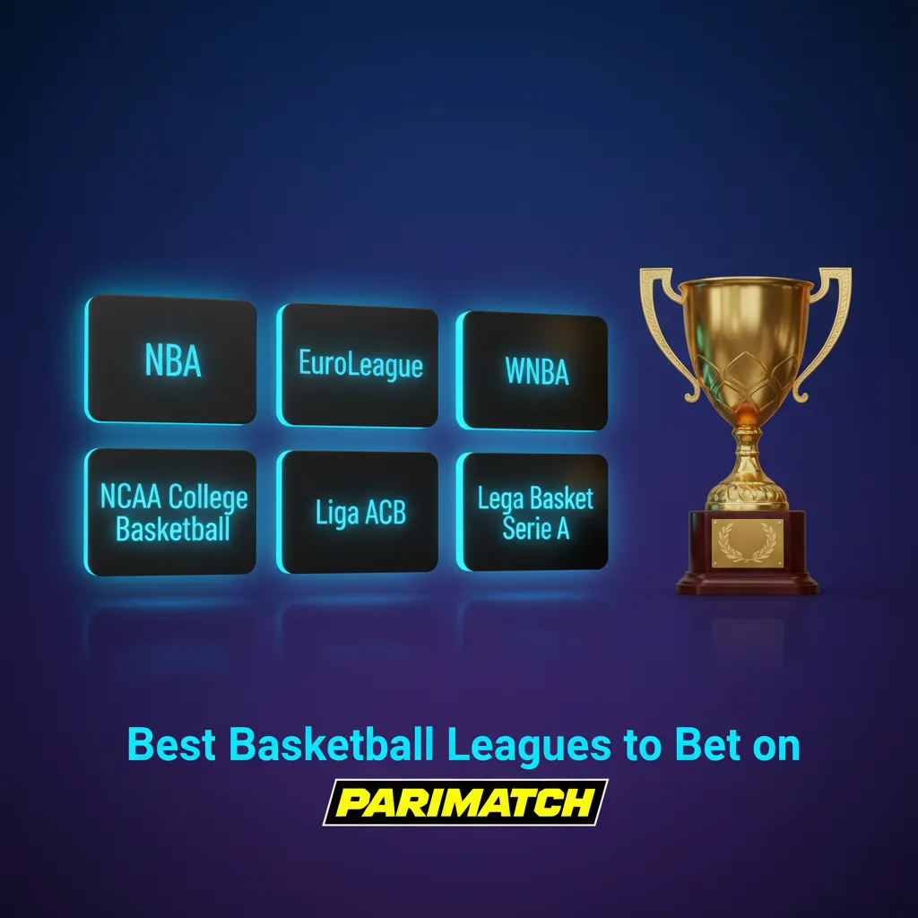 Graphic of Parimatch basketball betting: NBA, WNBA, EuroLeague, EuroCup, BCL, FIBA events, NBL; live markets and futures.
