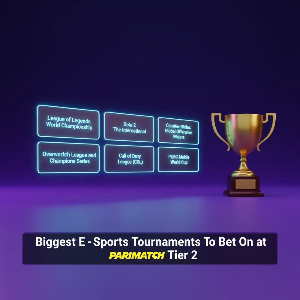 Table of major Parimatch Tier 2 esports tournaments by game: Dota 2, CS2, LoL, Valorant, StarCraft II, R6, MLBB.