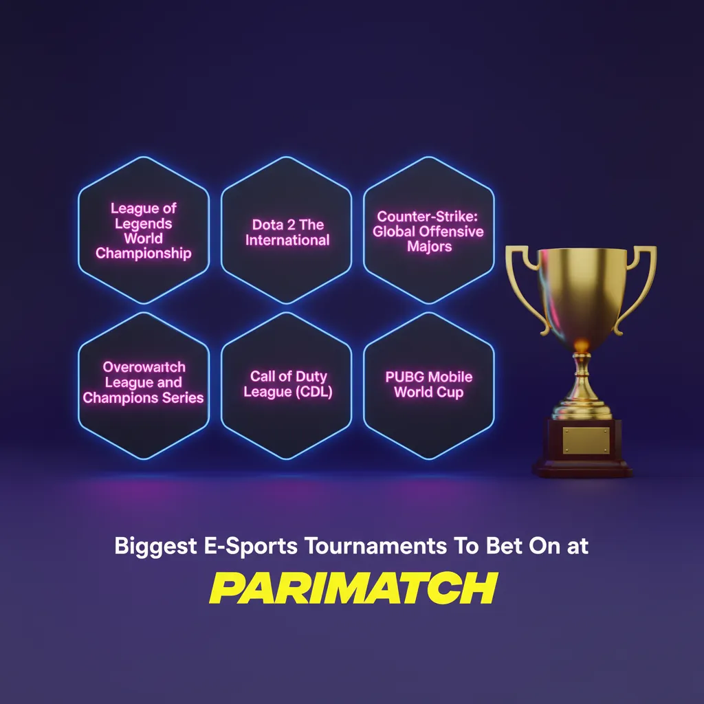 Parimatch graphic listing biggest esports tournaments: Dota 2 TI, CS2 Majors, LoL Worlds, Valorant Champions, MLBB M5.