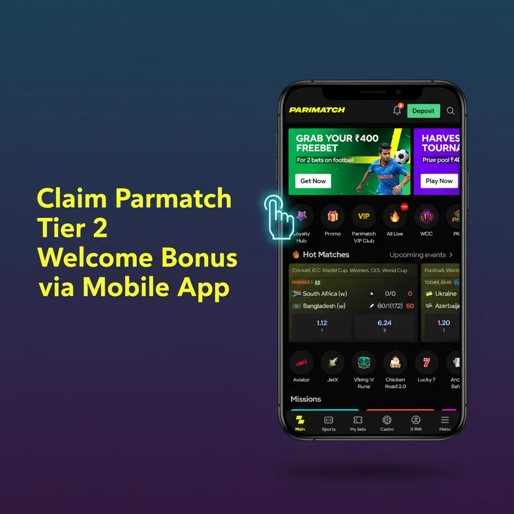 Smartphone showing Parimatch app Promotions page with Tier 2 Welcome Bonus and Opt in button for Android and iOS