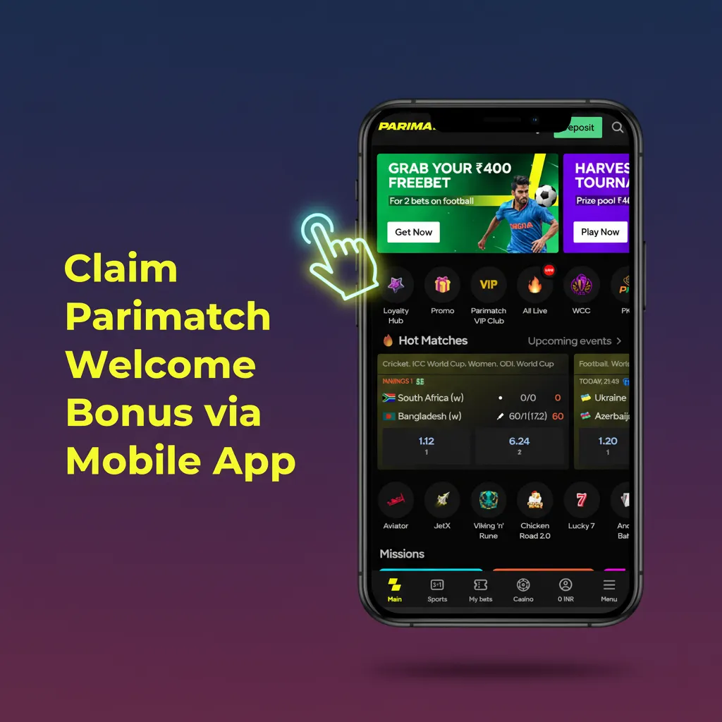Android and iOS phone with Parimatch app; steps to claim welcome bonus: download, sign in, Promotions, opt in, deposit ₹200.