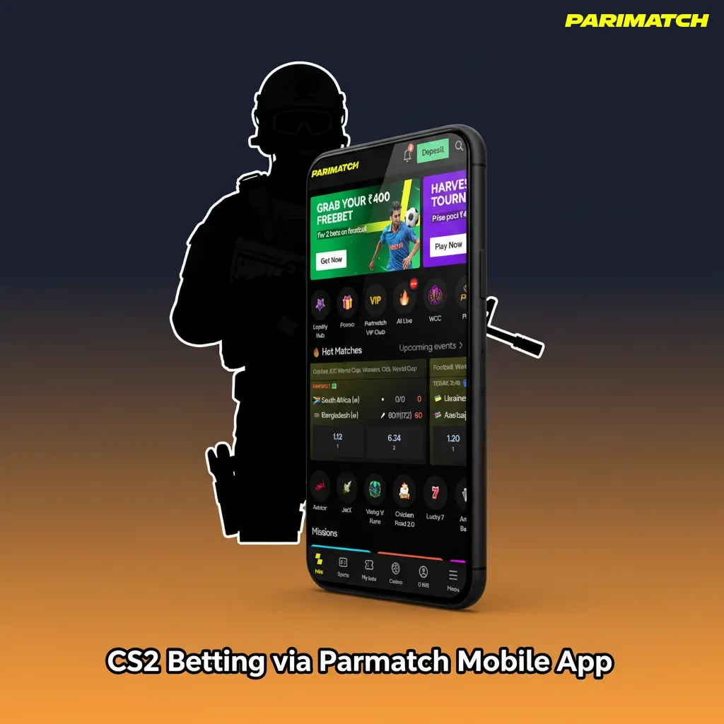 Parimatch mobile app on phone showing CS2 esports odds, bet slip in INR, live bets and cash-out options on Android and iOS.