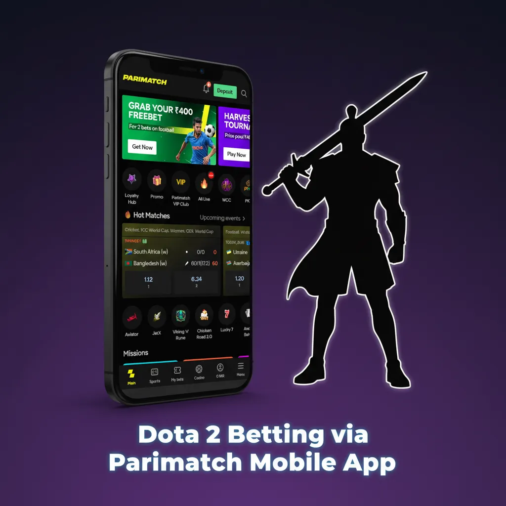 Parimatch app on phone showing Dota 2 betting odds, live markets, cash out, and UPI deposit icons.