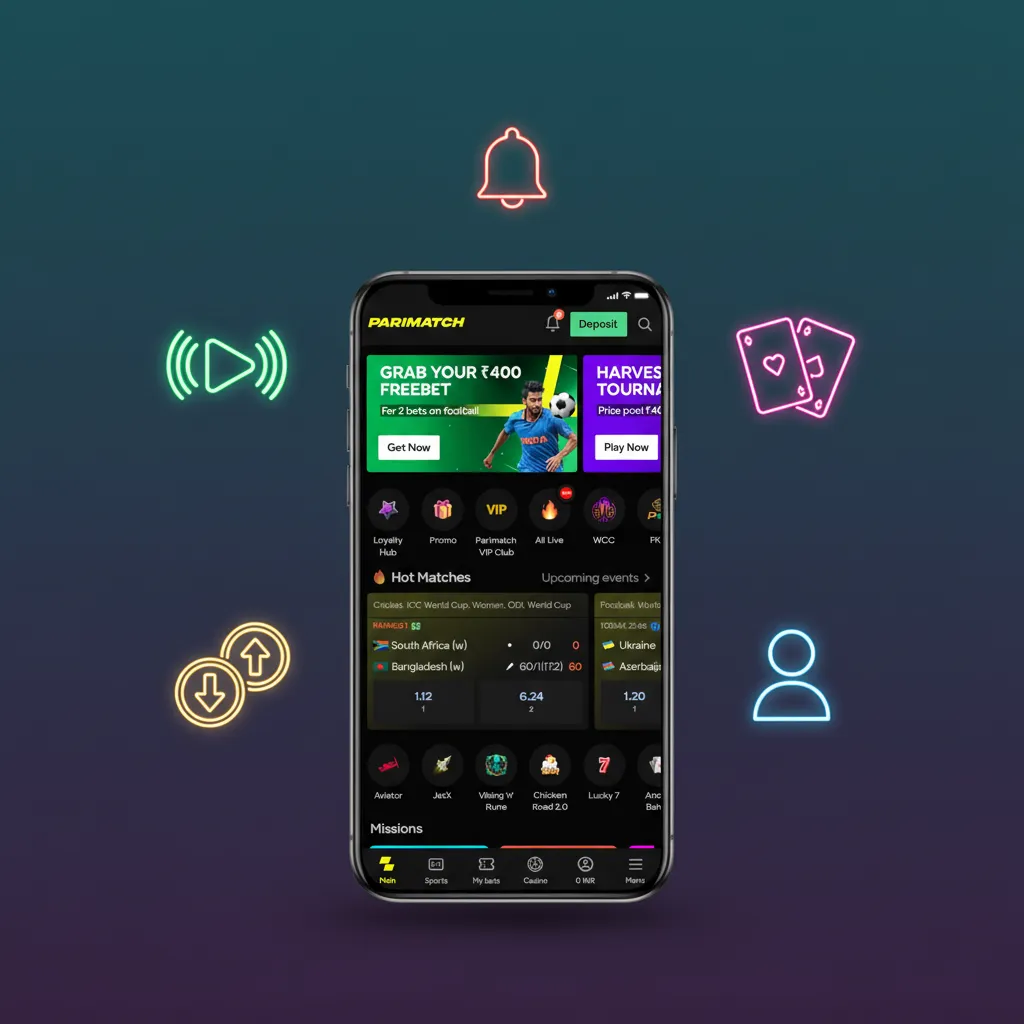 Parimatch iOS app features for India: INR bets, UPI/NetBanking, cricket markets, live odds, casino, and 24/7 support.