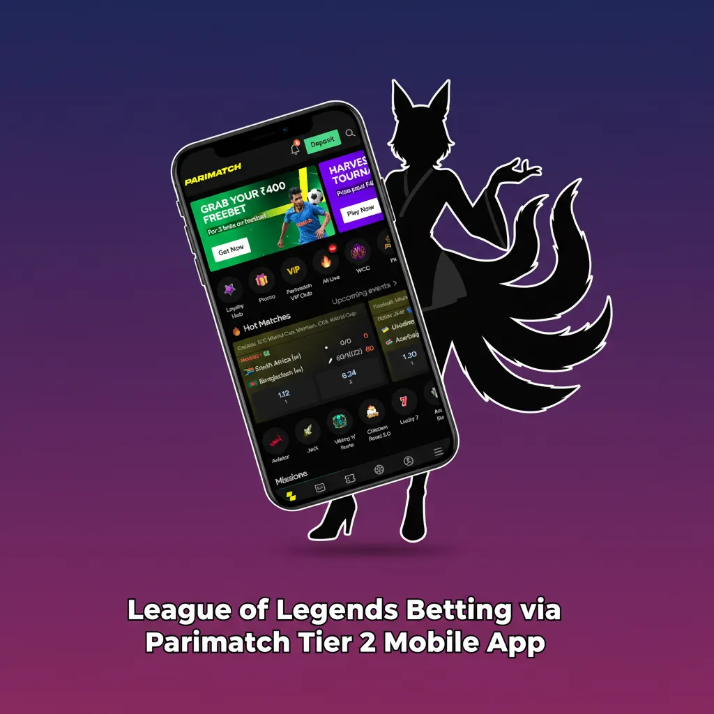Phone screen showing Parimatch Tier 2 app with League of Legends live odds and bet slip; INR deposit via UPI for Indian users