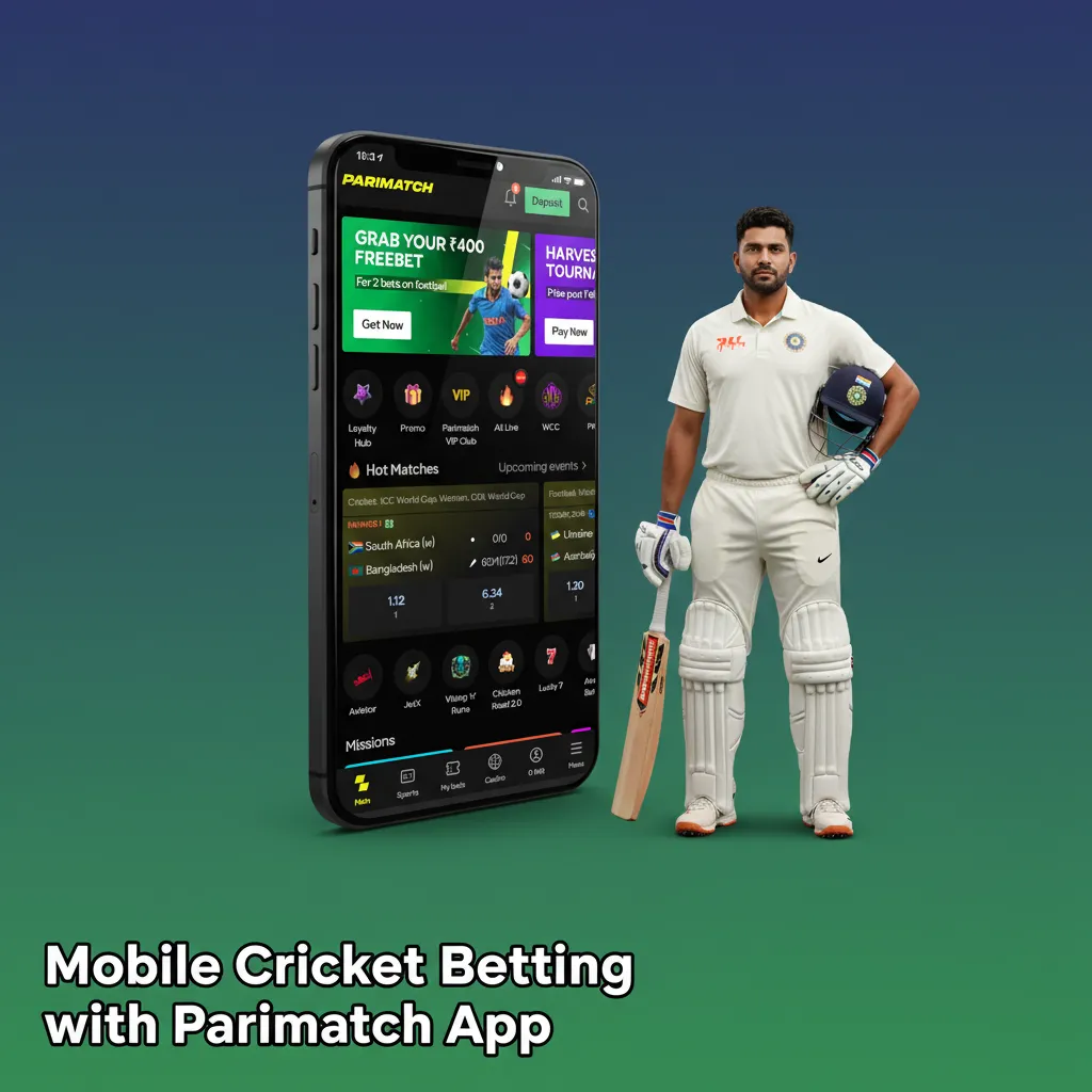 Android and iOS phones showing Parimatch cricket betting app with live odds, pre-match/live toggle, bet slip, and cash out.