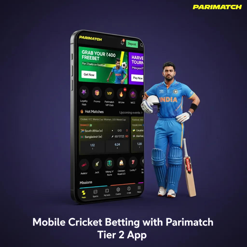 Parimatch Tier 2 cricket betting app on mobile showing pre-match and live odds, Quick Bet, Cash Out, stats, and UPI deposits.