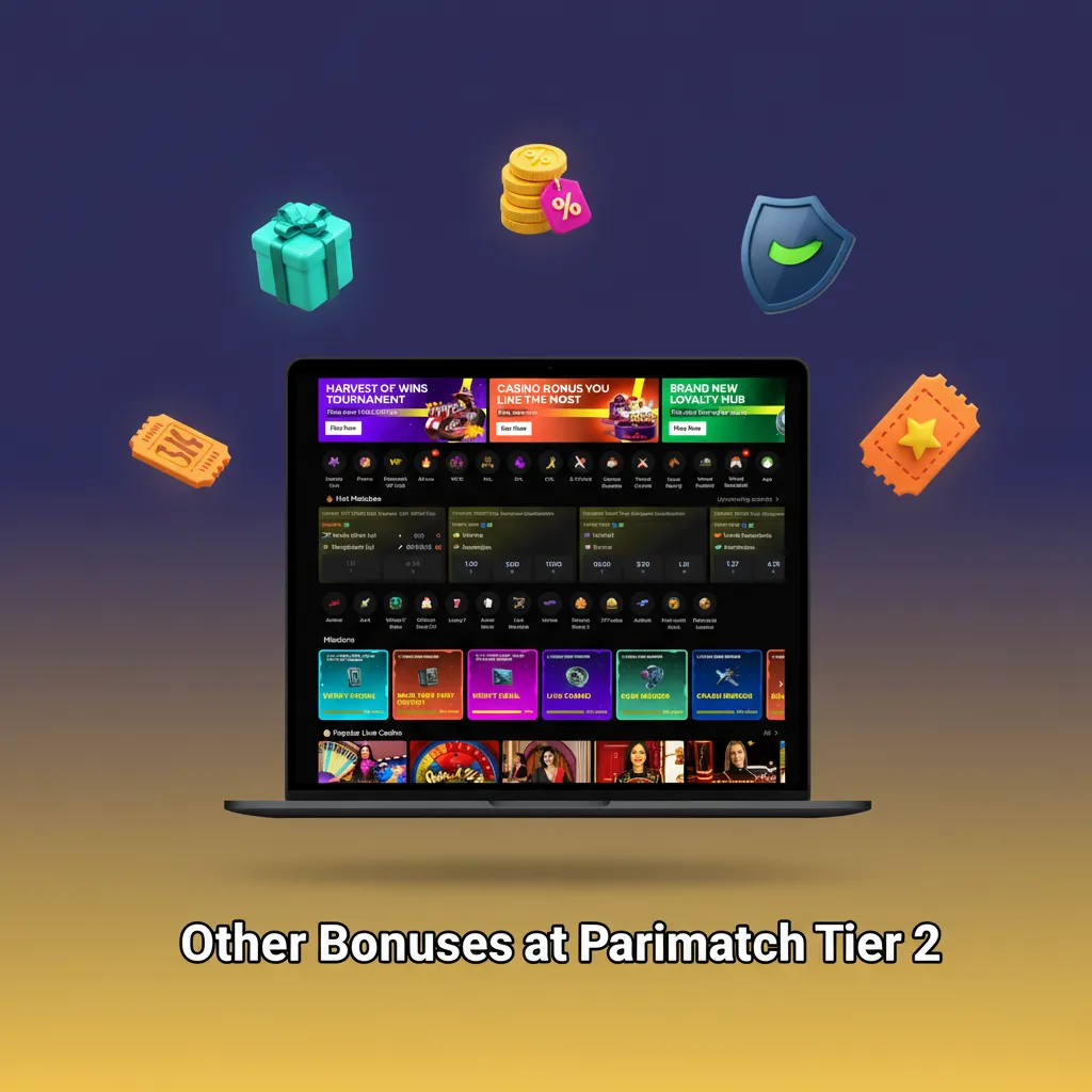 Parimatch Tier 2 bonuses: sports reload, free bet, casino free spins, weekly cashback, acca boost or insurance.