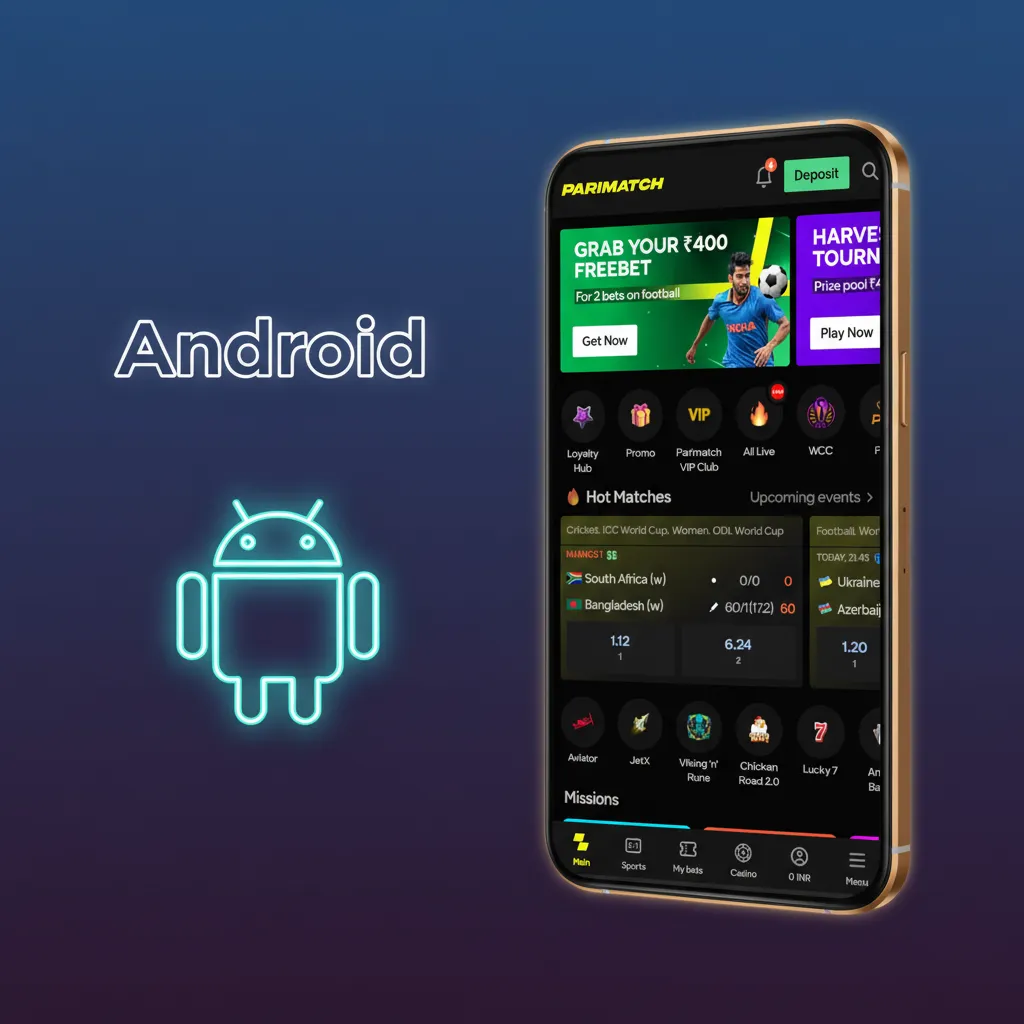 Graphic showing steps to install Parimatch Android APK: open site, allow unknown apps, install, sign in, enable notifications