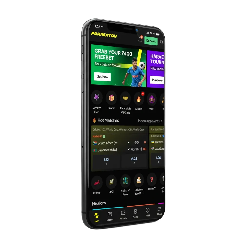 iPhone displaying Parimatch app for India: cricket betting, casino games, 150% welcome bonus up to INR 30,000.