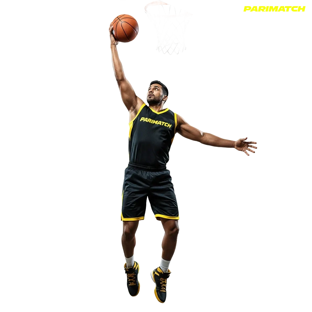 Parimatch basketball betting platform in India with NBA and EuroLeague live odds, Cash Out, and UPI/NetBanking icons.