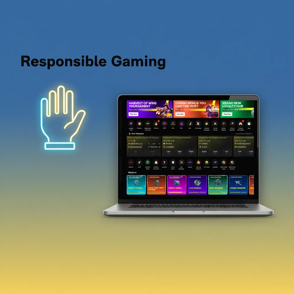 Responsible gaming banner with icons for deposit limits, reality checks, time-outs, and support hotlines.