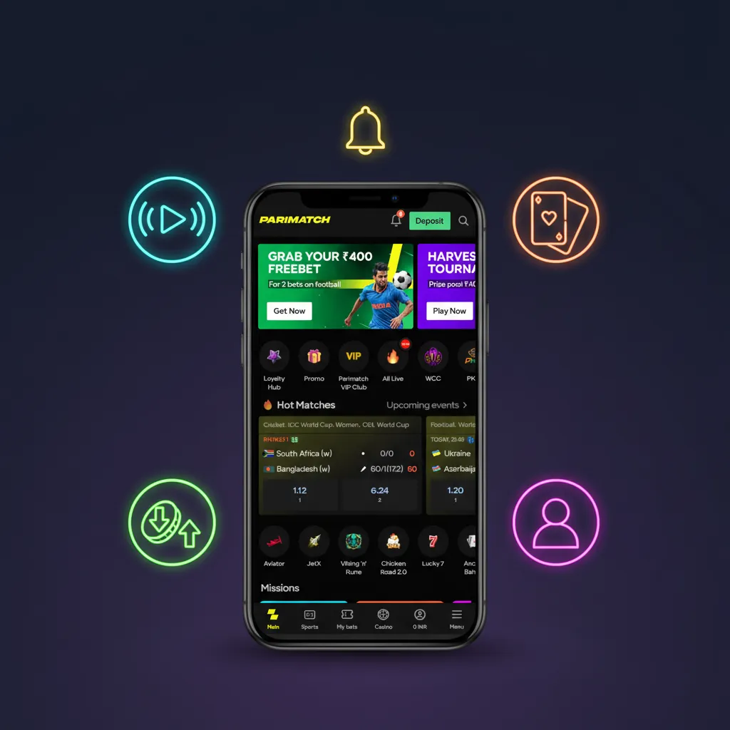 Parimatch Tier 2 app feature overview: live betting with fast odds, casino games, UPI deposits, quick withdrawals.