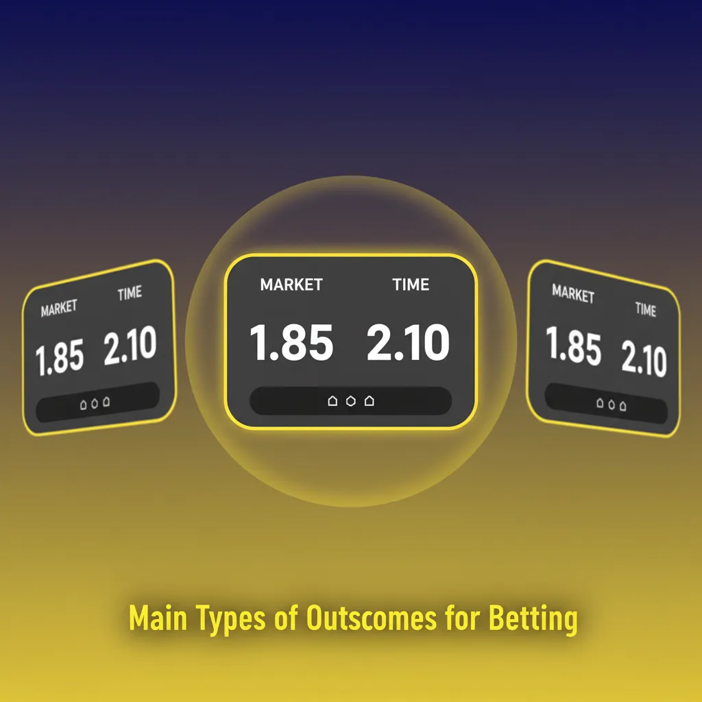 Infographic of main betting outcomes: Match Winner (1X2), Over/Under, Handicap, Both Teams to Score, Draw No Bet.