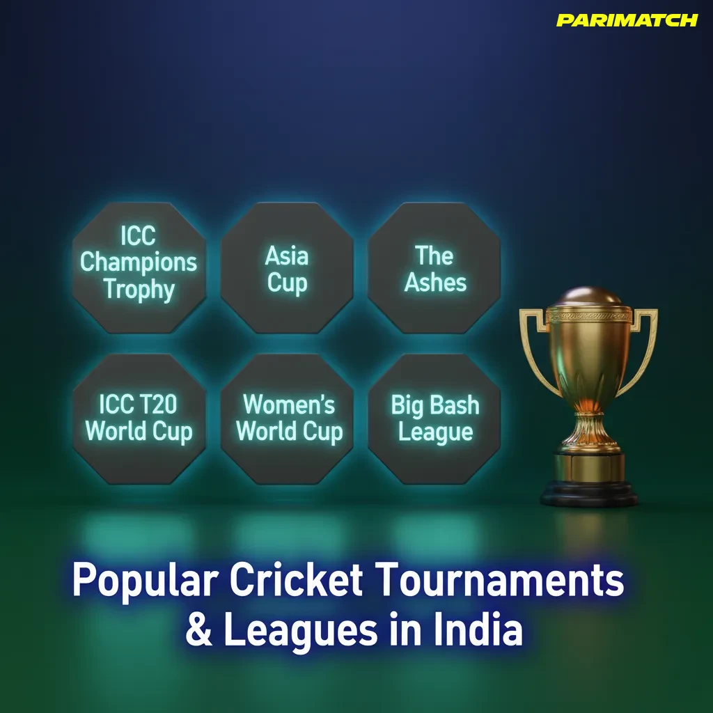 Graphic listing Indian cricket events: IPL, ODI & T20 World Cups, Ashes, Asia Cup, Ranji, domestic and overseas T20 leagues.