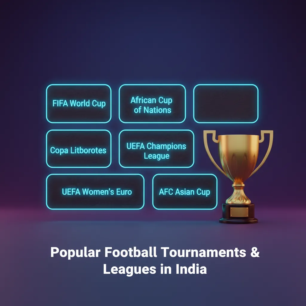 Graphic showing popular football tournaments and leagues in India: World Cup, UCL, Europa, ISL, I-League, EPL, La Liga.