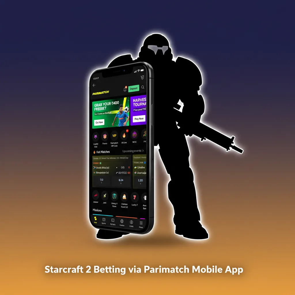 Parimatch app on phone with StarCraft 2 esports markets, live odds and stats, IST fixtures, and INR deposit options.
