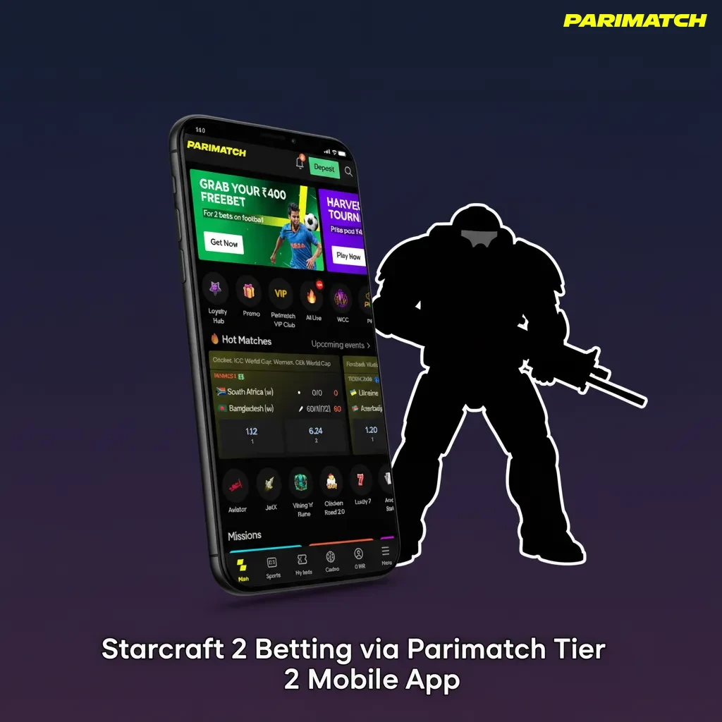 Smartphone with Parimatch app for StarCraft II live betting; deposit via UPI/Paytm and place SC2 bets on the go in India.