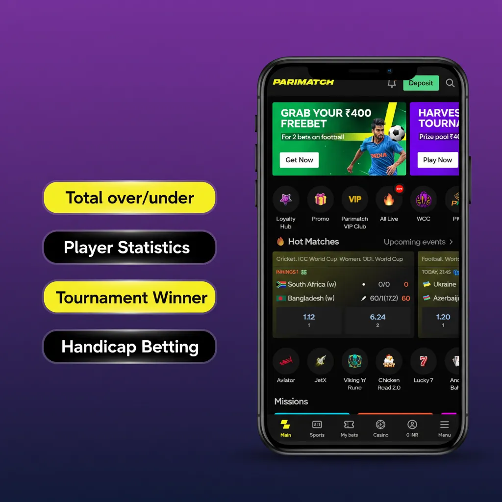 Infographic of Parimatch Tier 2 app bet types: Single, Accumulator, System, Live, Handicap, Over/Under; mix by risk.