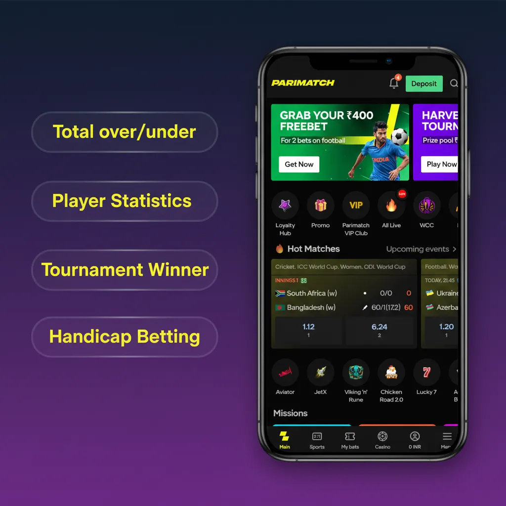 Parimatch app showing bet types: Single, Accumulator, System, Handicap, Over/Under; pre-match and live markets.