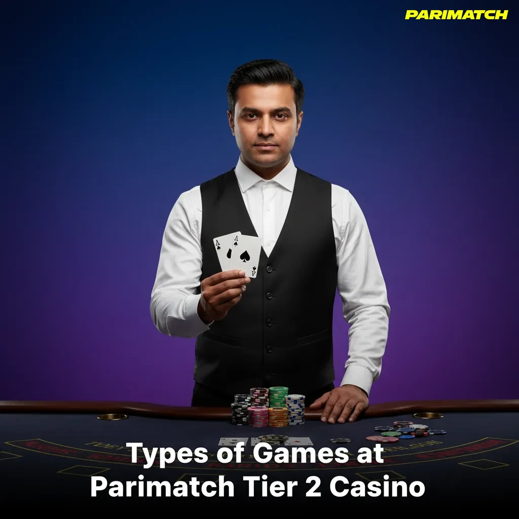 Types of games at Parimatch Tier 2: Slots, Crash Games, Table Games, Jackpots, Megaways, Video Poker with sample titles.