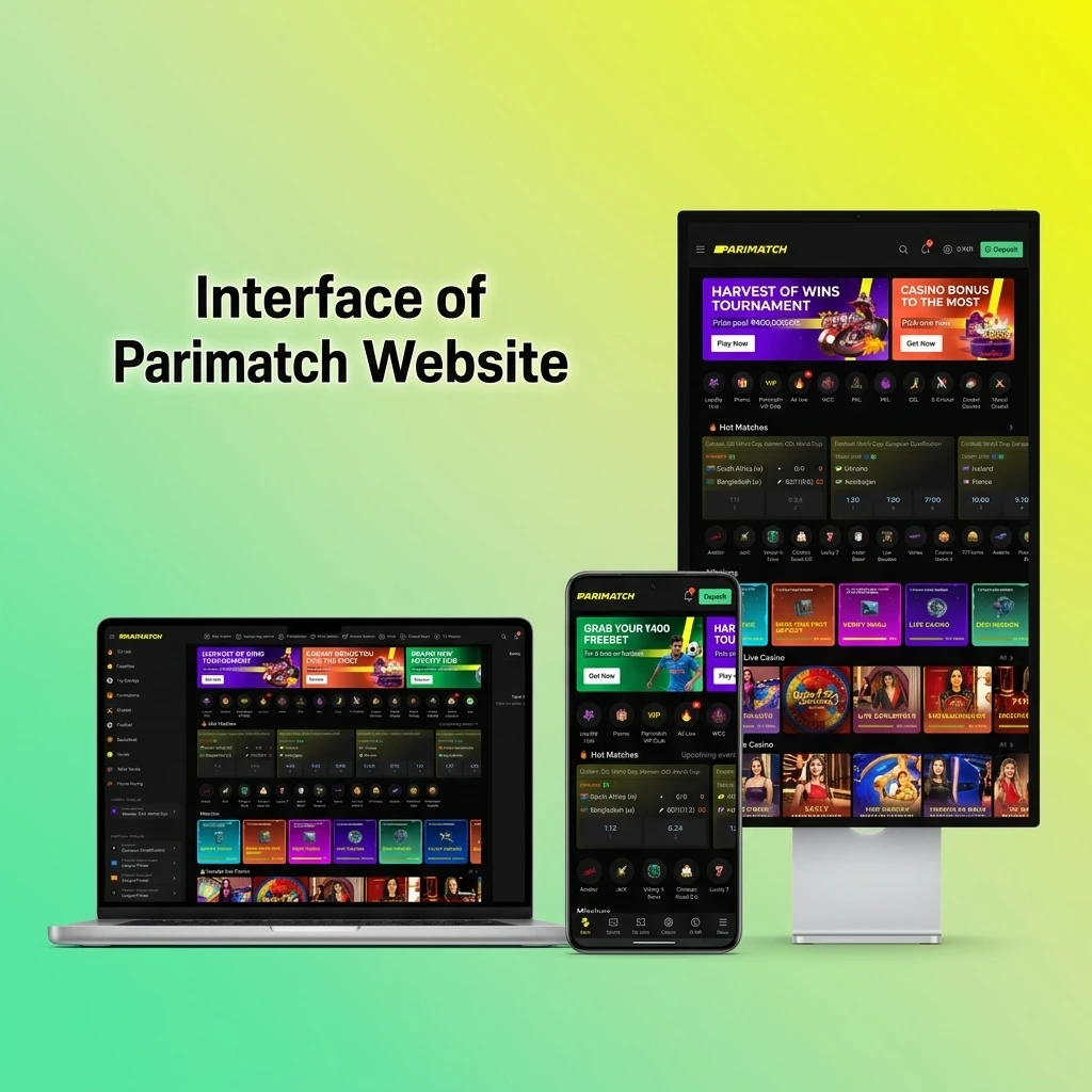 Parimatch website interface showing top navigation bar with Sports, Casino, Live Casino, Cybersports, Promotions and account settings