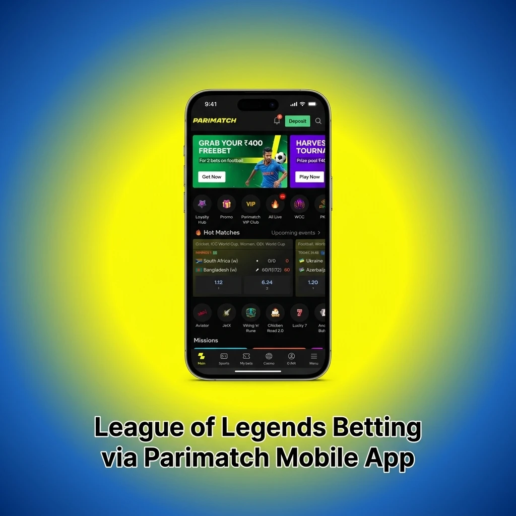 Parimatch mobile app interface showing League of Legends esports betting markets on Android and iOS devices