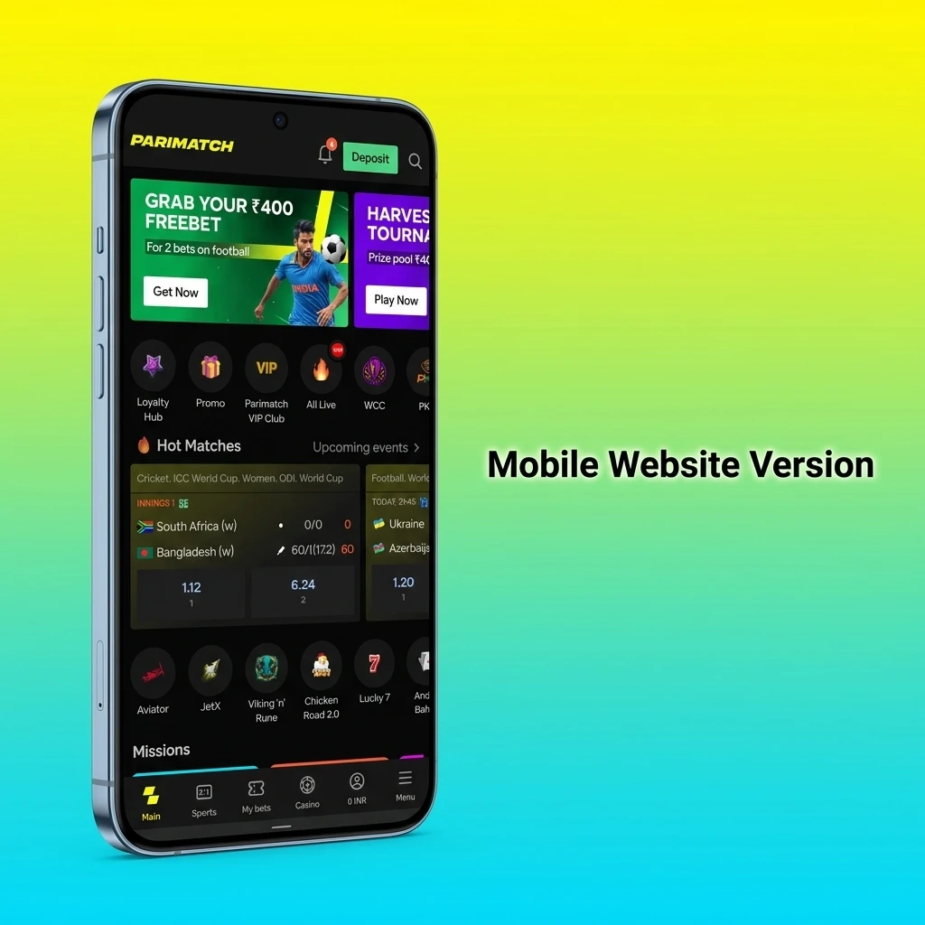 Parimatch mobile website responsive design showing sports betting and casino on smartphone browser in India