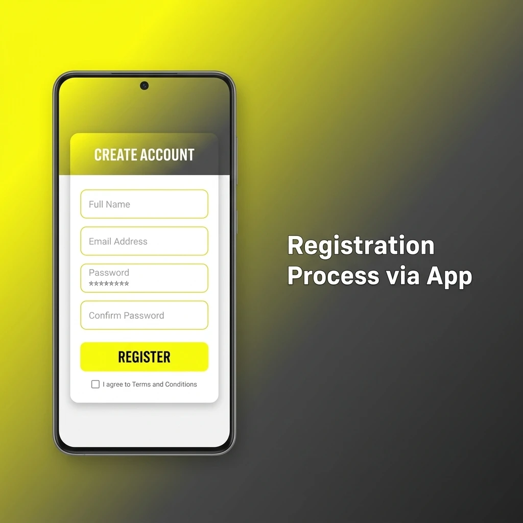 Step-by-step registration process via mobile app showing account setup, OTP verification, and welcome bonus activation in India