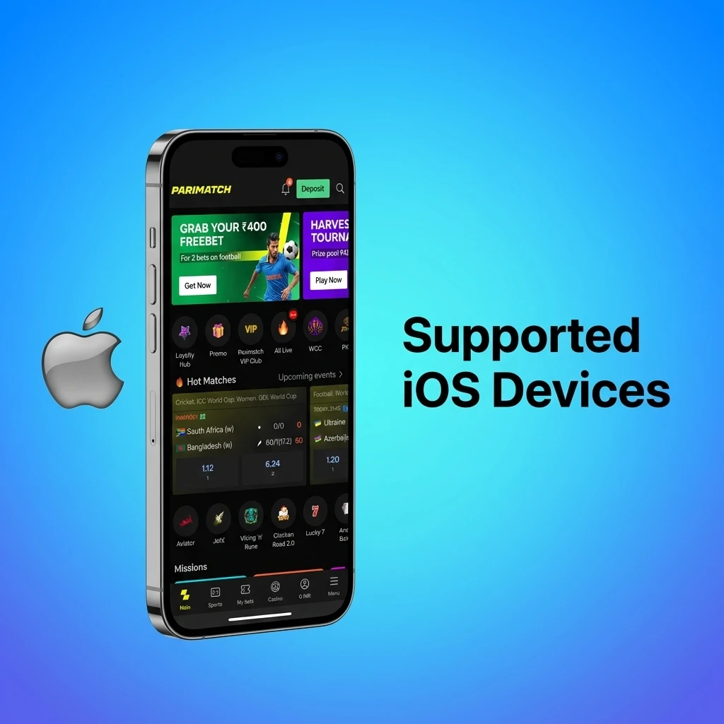Parimatch app supported iOS devices list including iPhone SE, iPhone 11 to 15 Pro, iPad Air, iPad Pro, and iPod Touch