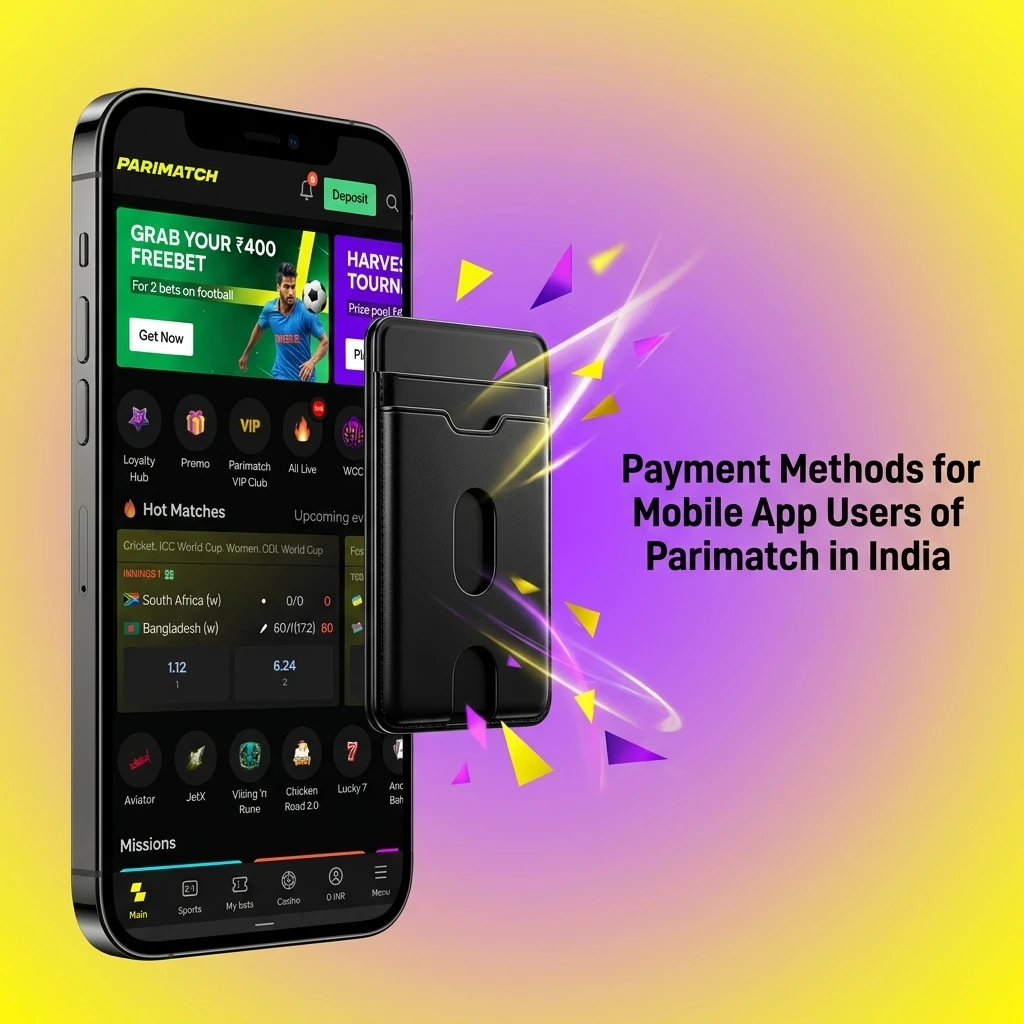 Parimatch India mobile app payment methods including UPI, PhonePe, Google Pay, Paytm, Net Banking, and crypto