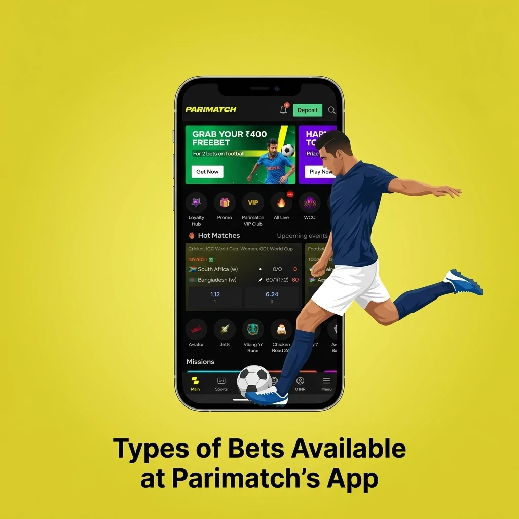 Parimatch app bet types including single, accumulator, treble, system, and live in-play betting options