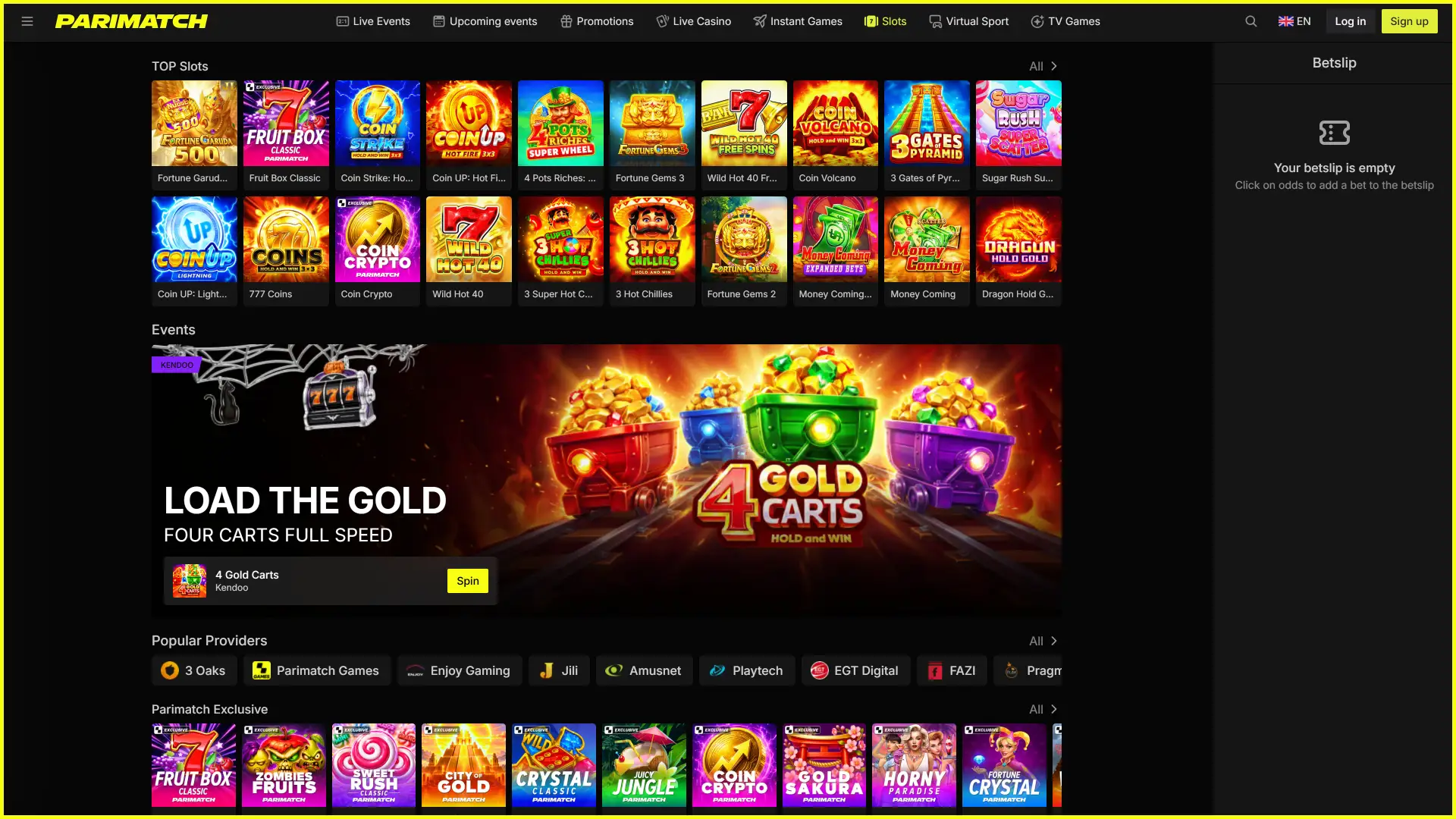 Browse the Parimatch casino lobby screenshot to pick top games.