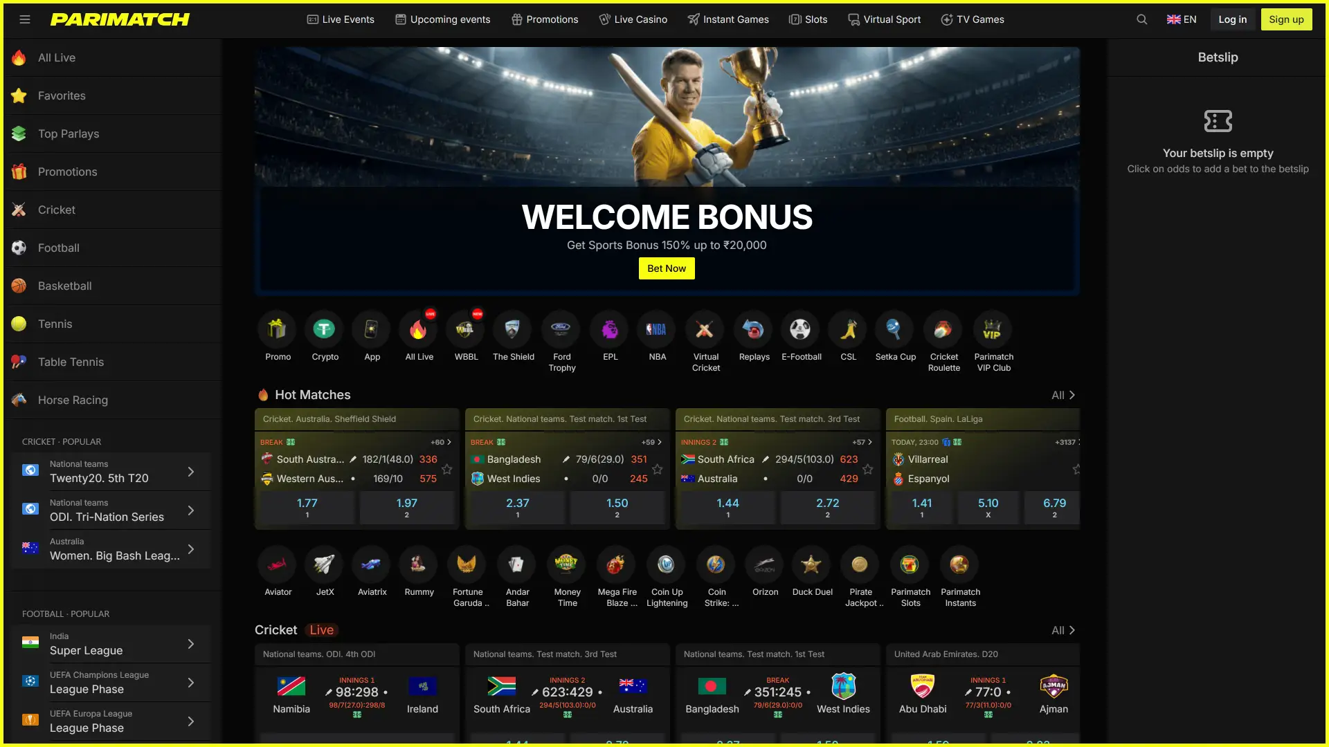 Explore the Parimatch desktop homepage interface to start your gaming journey.